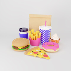 Fast food. Burger with french fries, soda cup, pizza, glazed donut, coffee cup. 3d render
