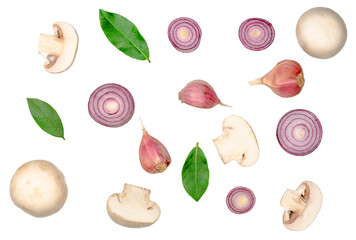 Mushrooms, garlic, onion isolated on white background. top view. Flat lay