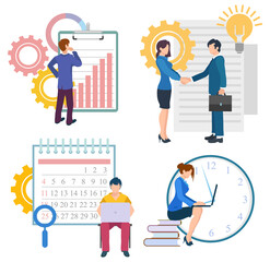 Workers communication with laptop, graph report and calendar icon. Company management and partnership, work deadline, employee handshake, innovation vector