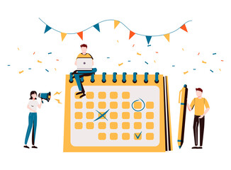 Colleagues preparing for corporate party. Time management, deadline. Brand event. Event brand management, sponsored event organization concept. Bright vibrant violet vector isolated illustration