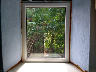 Rustic window with a view of the home yard