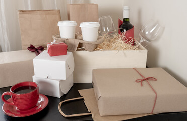 delivery service bag box cup coffee wine bottle gift white red
