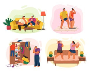 Life of young couple, collection of illustrations, happy woman, man eating popcorn relaxing at sofa, girl standing at scales, guy jokes at girlfriend, I have nothing to wear, fighting pillows at bed