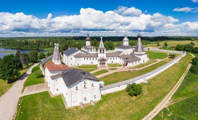 Aerial Panaramic view to Ferapontov Belozersky male monastery of XV century. Complex of temples...