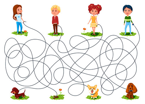 Four children walked with dogs on leashes. Guess whose dog ran away? Children's picture puzzle with a maze of entangled lines.