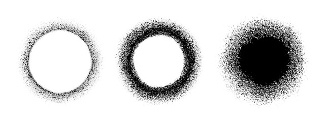 Set circle frame with spray effect. Collection circular border of grunge dots. Ring boarder. Round brush. Spot paint. Drip point radial shape. Urban street design for prints. Faded uneven dot. Vector