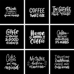 Set hand drawn coffee chalk lettering quotes on black chalkboard. Vector textured calligraphy