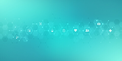 Medical background with flat icons and symbols. Template design with concept and idea for healthcare technology, innovation medicine, health, science and research.