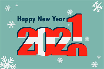 New year's card 2021. An element of the flag of Denmark, a festive inscription and snowflakes are shown. It can be used as a promotional poster, postcard, website, or national greeting.