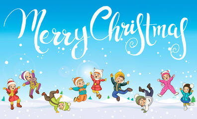 Merry Christmas Happy children. Little kindergarten kids with snow landscape and snowflakes