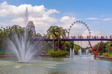 A panorama view across a lake in the Gardens by the Bay of Singapore, Asia