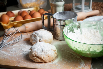 Homemade food.
Preparation of dough for baking