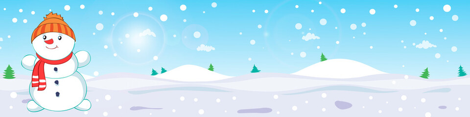 Winter landscape with a snowman with a scarf. Flat vector design illustration for leaflet and banners
