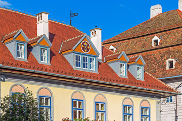 Roofs with windows and facade for houses, Sibiu, Transylvania, Romania