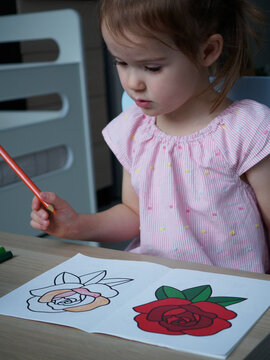 The concept of children's preschool creativity development. A girl of 4-5 years old paints a drawing of a flower in a coloring pattern and looks at it with concentration. The girl is engaged in