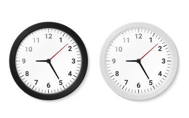 Clocks with round black and white borders hanging on wall realistic set. Office, home interior elements.