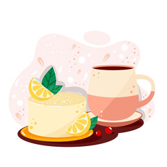 Delicious sweet lemon cake / cheesecake.  Coffee or tea mug.  Concept for bakery and caf&eacute; menu deign, banner, card, promotion. Bright colors, realistic illustration. 