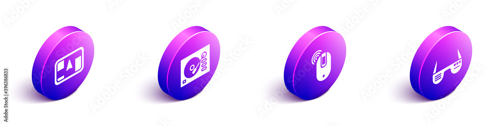 Poster set isometric gps device with map, vinyl player, wireless computer mouse and smart glasses icon. vec