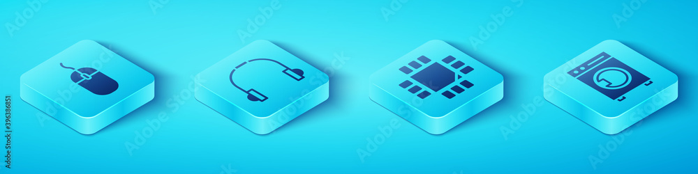 Poster set isometric computer mouse, headphones, washer and processor with microcircuits cpu icon. vector.