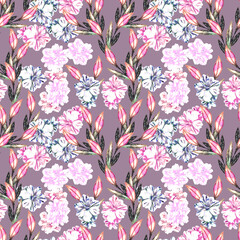 Colorful  leaves with hibiscus flowers, seamless pattern.