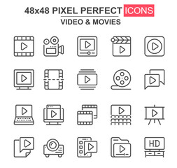 Video and movies thin line icon set. Film strip, reel, camera, clapperboard, cinema theater, projector unique icons. Outline vector bundle for UI UX design. 48x48 pixel perfect linear pictogram pack.
