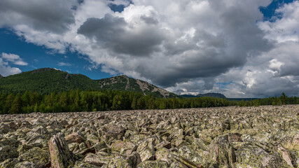scattering of stones with forest and high hills