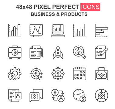 Business and products thin line icon set. Rocket, chart, goal, finance, capital, scheduler, stock index unique icons. Outline vector bundle for UI UX design. 48x48 pixel perfect linear pictogram pack.