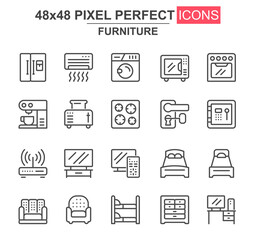 Furniture thin line icon set. Refrigerator, coffee maker, toaster, oven, safe, router, air conditioner unique icons. Outline vector bundle for UI UX design. 48x48 pixel perfect linear pictogram pack.