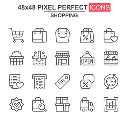 Shopping thin line icon set. Supermarket basket, trolley, open sign, store, discount label, bill, bags unique icons. Outline vector bundle for UI UX design. 48x48 pixel perfect linear pictogram pack.