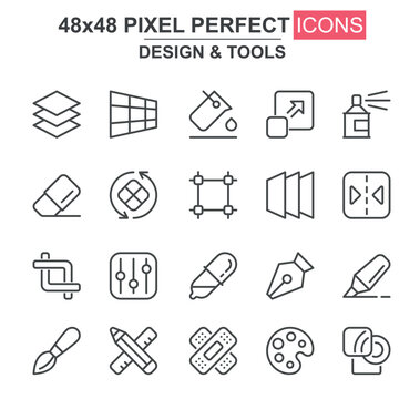 Design and tools thin line icon set. Pen, crop, eraser, palette, selection, pencil, rotate, eyedropper unique icons. Outline vector bundle for UI UX design. 48x48 pixel perfect linear pictogram pack.