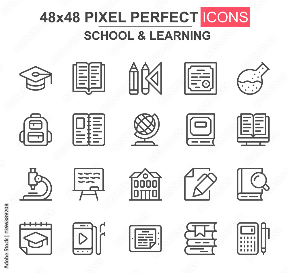 Aufkleber school and learning thin line icons. graduation hat, stationery, textbook, microscope, backpack, glo