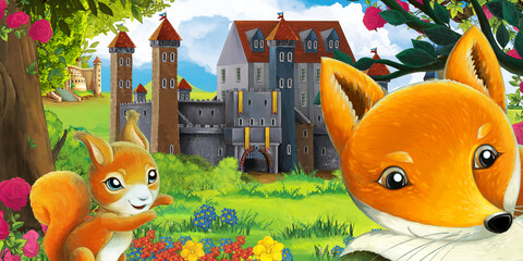 Cartoon garden scene with beautiful castle near the forest with forest animal