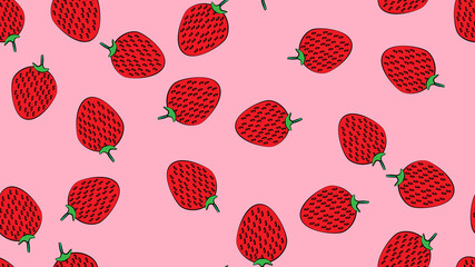 strawberries on a pink background, vector illustration, pattern. delicious sweet berry. seamless illustration, wallpaper, stylish decor with berries for cafes and restaurants, home kitchen