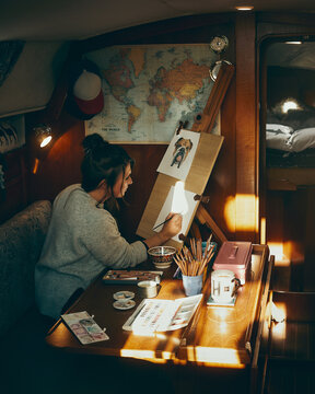 woman painting down below in yacht