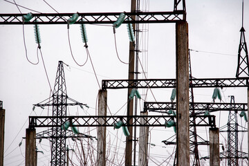 high voltage line close up. transit of electricity on a high-voltage line