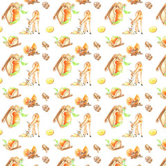 New year pattern with deer, oranges, sledges, cocoa mug and cakes