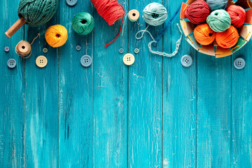 Decorative border made of wool bundles, yarn balls, buttons and cord. Latch and knitting needles. Creative flat lay, top view on distressed turquoise blue wood boards, copy-space, place for your text.