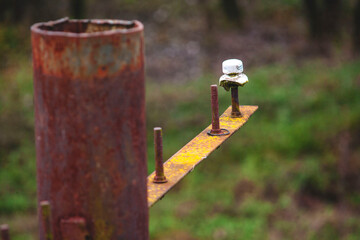 old power line far from the city. faulty power line