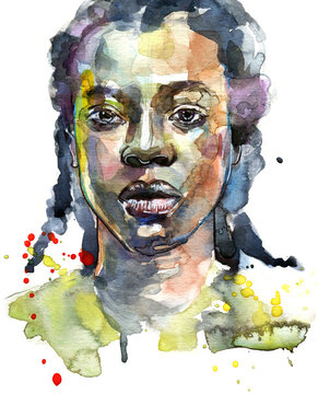 Colorful portrait in watercolor with splatter of an afro american beautiful woman