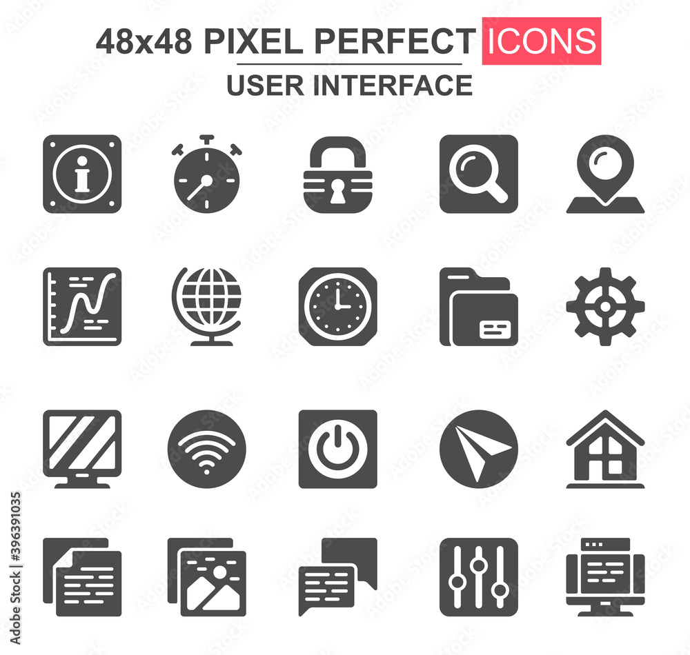 Poster user interface glyph icon set. pinpointer, lock, gear, email, magnifier, clock, wifi, settings, sear