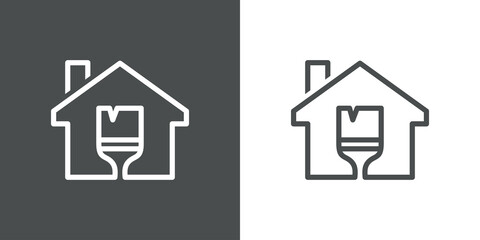 Logotipo con pincel de pintura en contorno de casa con lineas en fondo gris y fondo blanco