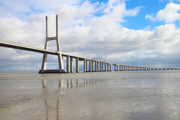 Impressive long white bridge in Lisbon. Portugal