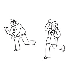 Kids cartoon illustration with children having snowball fight. Page of coloring book, Christmas and New Year  minimalistic art