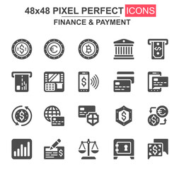 Finance and payment glyph icon set. Bank, currency, deposit, credit card, security, exchange, mobile wallet unique icons. Flat vector bundle for UI UX design. 48x48 pixel perfect GUI pictograms pack.