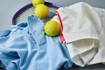 Raqueta y varias pelotas verdes con una camisa y un pantalón de deporte