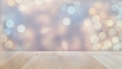 Mesa o piso de madera vacío con fondo de luces desenfocadas, borroso o abstracto - se puede usar...