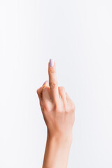 cropped of woman showing middle finger isolated on white