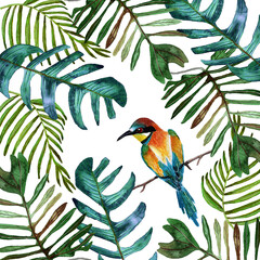 Tropical leaves and colorful bird. Hand painted watercolor illustration.