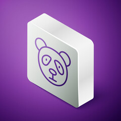 Isometric line Cute panda face icon isolated on purple background. Animal symbol. Silver square button. Vector. © Vadim
