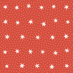 Vector seamless pattern for New Year and Christmas. White stars and snow on a red background.
